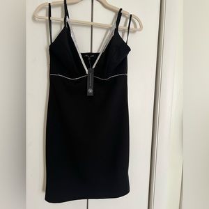 Women Sexy Deep V Neck Crystal Diamonds Black Mini Dress  Size M